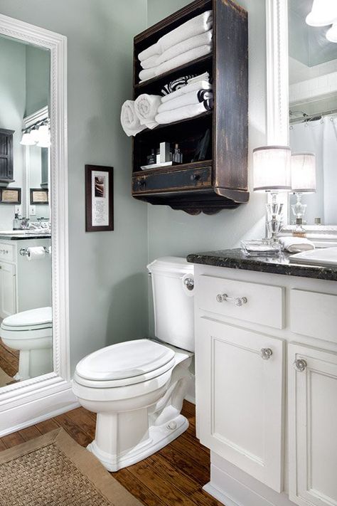 17 Brilliant Above-the-Toilet Storage Ideas - One Crazy House Benjamin Moore Glass Slipper, Makeover Kamar Mandi, Above Toilet, Neutral Blue, Revere Pewter, Over Toilet, Bad Inspiration, Subway Tiles, Toilet Storage