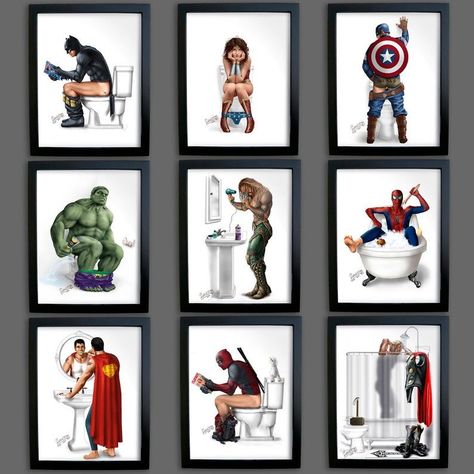 Superhero Bathroom Decor, Batman Bathroom, Superhero Bathroom, Superhero Prints, Dekorasi Kamar Tidur, Boys Bathroom, Superhero Comics, Marvel Deadpool, Bathroom Prints