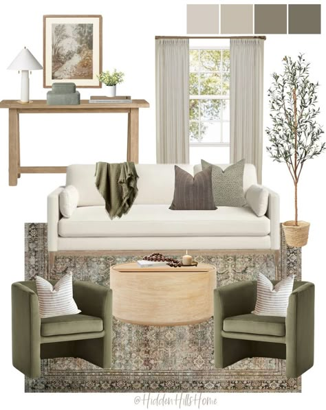 Green Beige Living Room Decor, Apartment Living Room Sage Green, Grey Couch And Chair Living Room, Green And Cream Living Room Decor, Green Beige And Grey Living Room, Cream Brown And Olive Green Living Room, Cream And Sage Living Room Ideas, Cream Couch With Green Accents, Modern Farmhouse With Green Accents