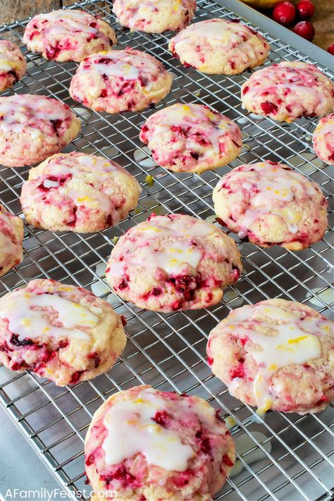 Cranberry Lemon Cookies - A Family Feast Fresh Cranberry Recipes, Cranberry Cookies Recipes, Cranberry Bars, Christmas Cookie Recipes Holiday, Lemon Cookies Recipes, Lemon Dessert Recipes, Cranberry Cookies, Lemon Glaze, Buttery Cookies