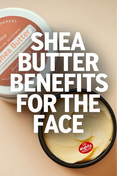 Overhead view of creamy ivory shea butter in black container with text overlay "Shea Butter Benefits for the Face" and Oh Mighty Health branding Shea Butter Diy, Diy Face Lotion, Face Cream Diy, Shea Butter Face, Shea Butter Moisturizer, Shea Butter Benefits, Recipes Learn, Diy Beauty Products, Unrefined Shea Butter