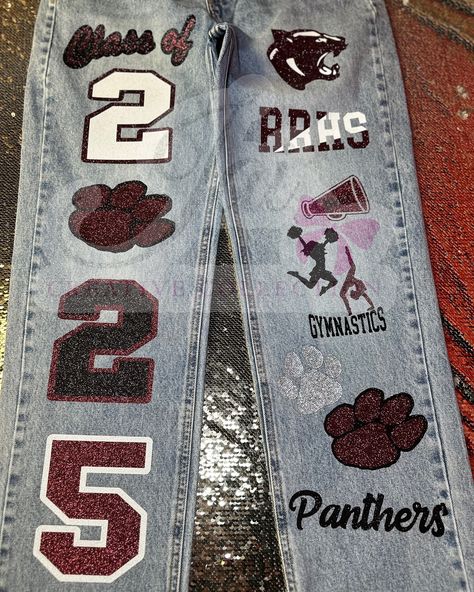 CUSTOM JEANS 🐾 customized by @jaicreativecollection 🎀 —————————— DM or TEXT (313)318-0114 to place an order📲 ✨ —————————— (JEANS👖 PROVIDED BY CUSTOMER! CUSTOMIZATION FEE $65!) —————————— #senior2025 #2025 #seniorszn #classof2025 #jaicreativecollection🎀 #seniorsets #customseniorjeans #seniorjeans #detroitsmallbusiness #trojans #customizedjeans ##seniorskirt #customseniorjeans #panthers #riverrougehighschool #RRHS Senior Pants, Custom Jeans, Place An Order, Senior Year, High School, Small Business, Pants, Quick Saves, Trousers