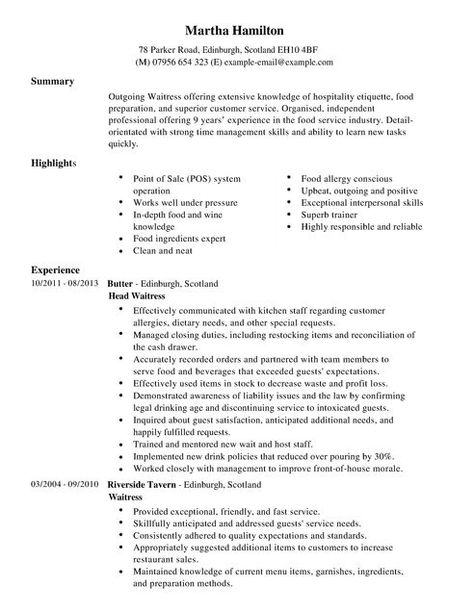 Waitress CV Example for Restaurant Bar | LiveCareer Waitress Resume, Server Resume, Cv Example, Business Analyst Resume, Cuban Restaurant, Server Life, Administrative Assistant Resume, Free Resume Examples, Project Manager Resume