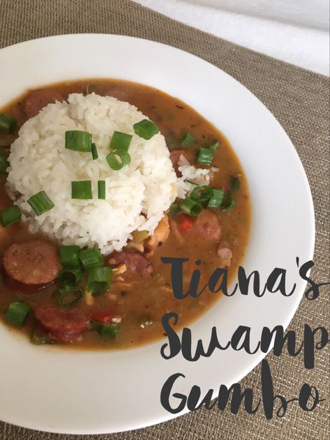 Tiana’s “Swamp” Gumbo  – Cook Like A Princess Gumbo Recipe Princess And The Frog, Princess And The Frog Inspired Food, Princess And The Frog Gumbo Recipe, Princess And The Frog Food Recipes, Princess And The Frog Themed Food, Princess And The Frog Recipes, Princess And The Frog Gumbo, Princess And The Frog Food, Frog Recipes