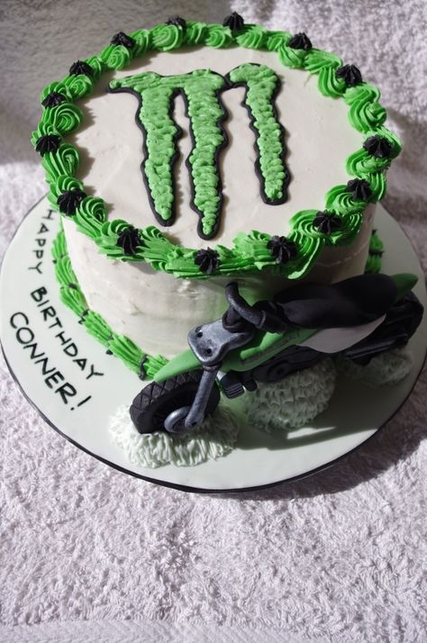 Monster Energy Cake with Kawasaki Motobike Monster Energy Cake, Monster Energy Drinks, Monster Logo, Monster Crafts, Monster Energy Drink, Monster Cake, Pretty Birthday Cakes, Boy Birthday Cake, First Birthday Cakes