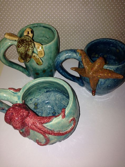 'Under the Sea' mug set- Mackenzie Mayo Sea Creature Ceramics, Animal Cafe, Clay Mugs, Ceramics Ideas, Creative Things, Sea Theme, Ceramics Ideas Pottery, Class Ideas, Art References