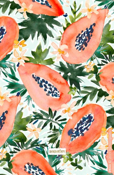 PAPAYA PERFECTION Tropical Fruit – BARBARIAN by Barbra Ignatiev | Bold colorful art Wallpaper Australia, Jungle Pattern, Fruit Wallpaper, Watercolor Fruit, Art Tropical, Fruit Painting, Tropical Art, Cute Patterns Wallpaper, Fruit Pattern