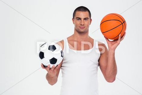 Handsome man holding basketball and soccer ball Stock Photos #AD ,#holding#basketball#Handsome#man Soccer And Basketball, Sports Fashion Design, Sports Party Decorations, Healthy Preschool Snacks, Sport Craft, Basketball Ball, Smiling Man, Fun Worksheets, Sports Wallpapers