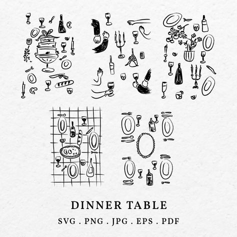 Dinner Table Illustration Art, Hand Drawn Table Setting, Dinner Table Tattoo, Dinner Table Drawing, Dinner Table Illustration, Table Illustration, Interior Architecture Sketch, Table Drawing, Clipart Birthday