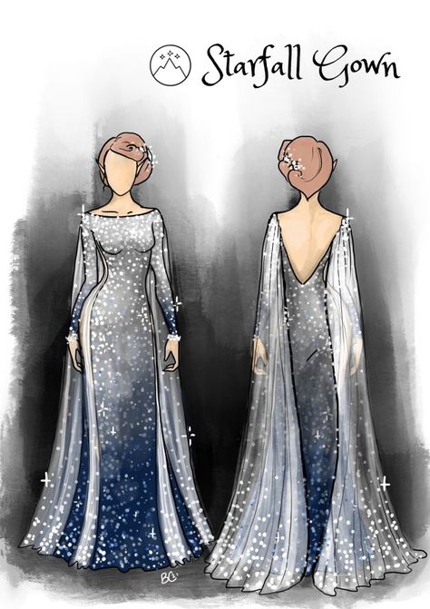 Starfall Gown, Starfall Dress, Feyre And Rhysand, A Court Of Wings And Ruin, A Court Of Mist And Fury, Dress Sketches, Fantasy Dress, Fantasy Clothing, Character Outfits