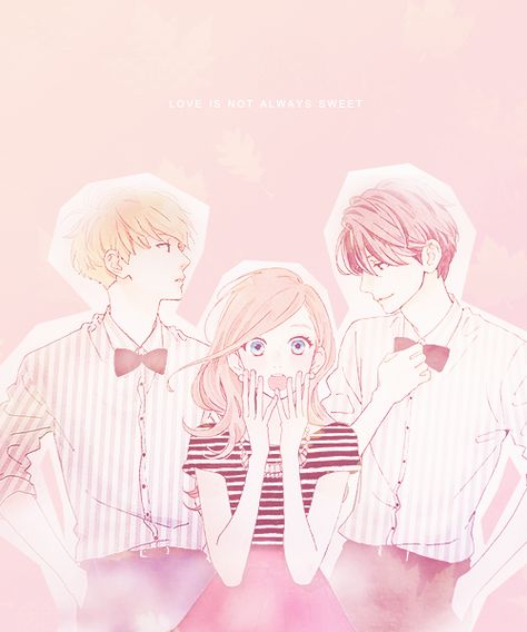 Shojo Poster, Love Triangle Art, Anime Love Triangle, Mika Yamamori, Triangle Drawing, Daytime Shooting Star, Tsubaki Chou Lonely Planet, Triangle Love, Blue Spring Ride