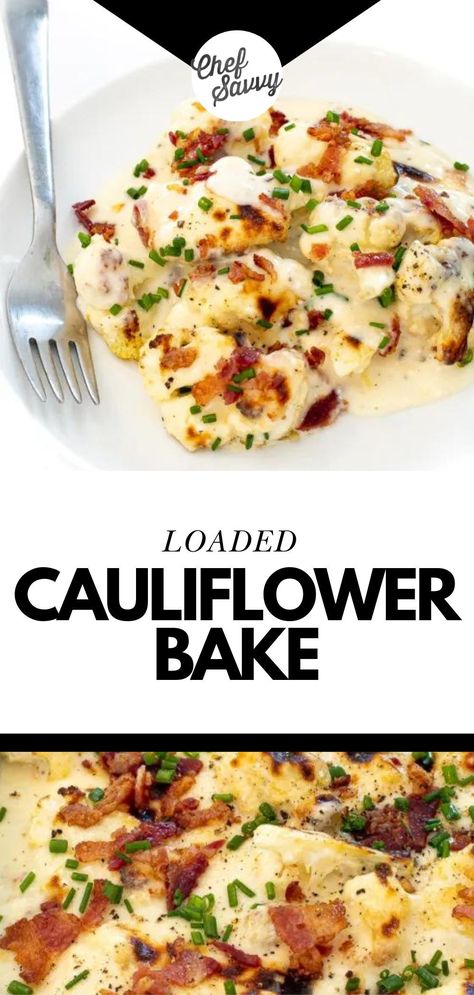 Save this Creamy, Cheesy & Low Carb Cauliflower Bake Recipe! This Loaded Cauliflower Bake is a low-carb version of my Loaded Mashed Potatoes! This cauliflower bake is super creamy, cheesy, and loaded with veggies! After it’s baked it gets sprinkled with crispy bacon and chives. The perfect side dish when you are craving comfort food! Follow Chef Savvy for more Healthy Family Friendly Recipes! Loaded Cauliflower Bake, Cauliflower Bake, Crispy Oven Fried Chicken, Chef Savvy, Best Easy Dinner Recipes, Baking Recipes Healthy, Loaded Cauliflower Casserole, Bacon Cauliflower, Loaded Mashed Potatoes