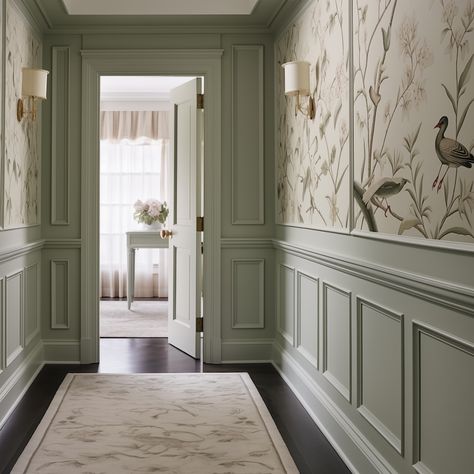 Box Trim And Wallpaper, Classic Wainscoting Ideas, Colonial Wainscoting Ideas, Wainscoting Whole Wall, Edwardian Wall Panelling, Wallpaper In Wall Moulding, French Style Panelling, Molding On Walls With Wallpaper, Wood Trim With Wallpaper