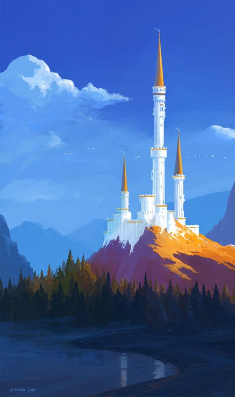 ArtStation - The White Tower II, Andreas Rocha Castle Illustration, Castle Art, Fantasy Castle, Fantasy Setting, Fantasy Places, Wow Art, Fantasy Art Landscapes, Old Paintings, Animation Background