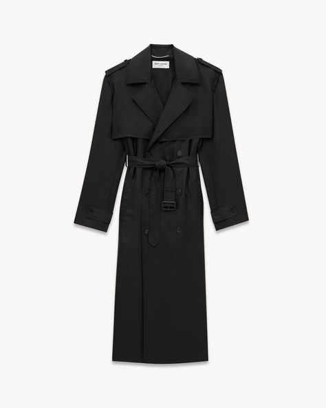 Trench coat in silk | Saint Laurent | YSL.com Ysl Coat, Black Trench Coats, Style Moodboard, Black Trench Coat, Lily Chee, Fall Handbags, Crossbody Bags For Travel, Card Case Wallet, Fantasy Gowns