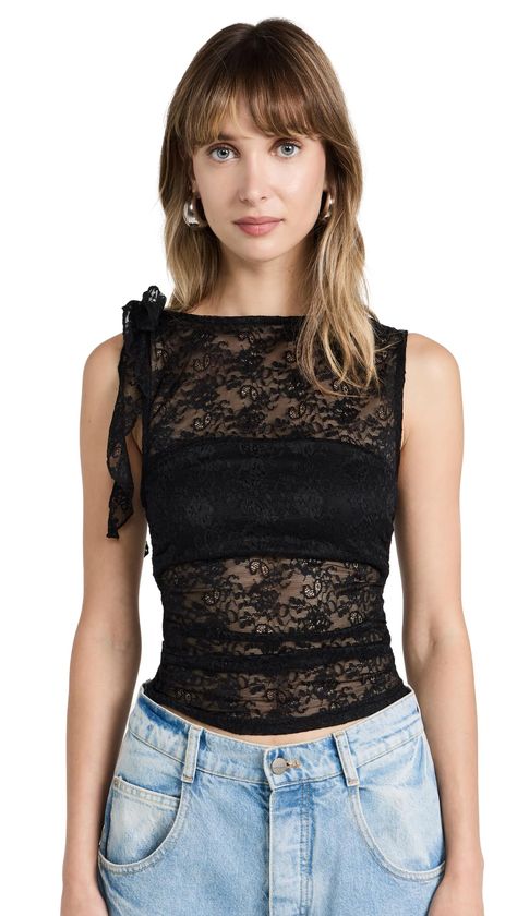 PRICES MAY VARY. Shell: 92% nylon, 8% elastane Imported Drawstring closure Hand Wash Only Fabric: Lightweight stretch lace One-shoulder tie strap, Ruched waist Semi-sheer Rendezvous Top Vintage Tank Top, Colorful Crop Tops, Streetwear Tops, Summer Tank Tops, Top Summer, Solid Clothes, Lace Tank Top, Australian Fashion, Lace Tank