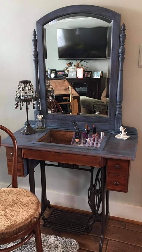 Refurbished Industrial Furniture, Repurpose Antique Sewing Machine, Antique Sewing Machine Table Repurposed, Old Sewing Machine Table Repurposed, Sewing Machine Makeover, Singer Sewing Machine Repurposed, Antique Sewing Machine Table, Old Sewing Machine Table, Sewing Table Repurpose