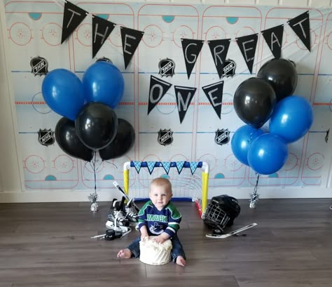 My Rookie Year First Birthday Hockey, Hockey Cake Smash, One Year Old Hockey Birthday, The Great One Hockey Birthday Theme, Hockey Smash Cake, Rookie Of The Year First Birthday Hockey, Rookie Year Hockey First Birthday, Hockey Themed 1st Birthday Party, Hockey Theme First Birthday