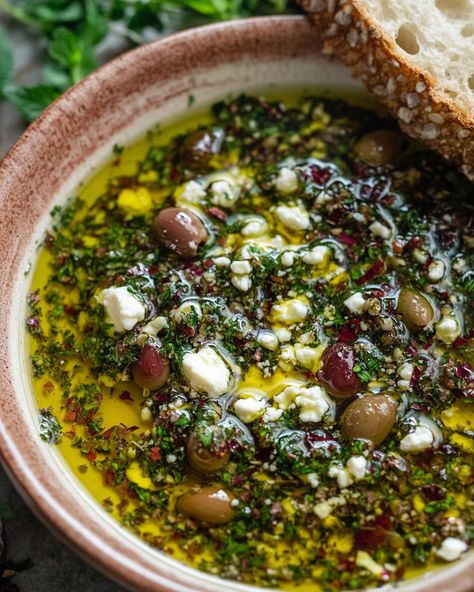 Whip up a vibrant Mediterranean Herb & Feta Olive Oil Dip! Perfect for bread, veggies, and parties in just 10 minutes. Herb Feta Dip, Feta Oil Bread Dip, Olive And Bread Platter, Mediterranean Menu Dinner Parties, Olive Side Dishes, Feta Oil Dip, Mediterranean Diet Recipes Dips, Olive Oil Balsamic Bread Dip, Mediterranean Dips Recipes