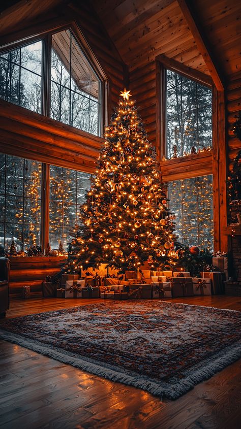 Wood Cabin Christmas, Woodsy Christmas Tree Ideas, Cabin Christmas Aesthetic, Christmas Cozy Aesthetic, Christmas Cabin In The Woods, Cozy Christmas Wallpaper, Christmas Vibes Aesthetic, Winter Aesthetic Cozy, Warm Christmas Decor