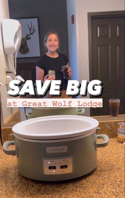 Woman in hotel mirror with her crockpot saving money at Great Wolf Lodge. Great Wolf Lodge Christmas Gift, Great Wolf Lodge Food Packing List, Great Wolf Lodge Surprise Ideas, Great Wolf Lodge Packing List, Great Wolf Lodge Tips, Winter Lodge, Lodge Room, Christmas Lodge, Wolf Lodge