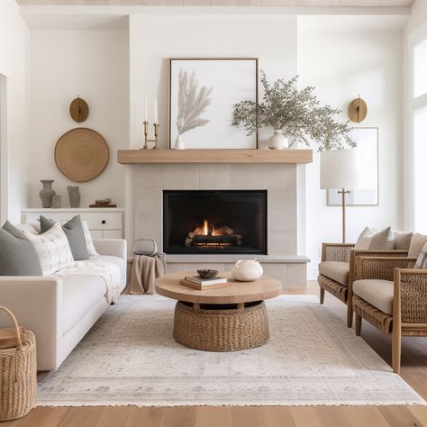 Fireplace Hearth Styling, Cream Fireplace Living Room, California Bungalow Interior Design, Non Symmetrical Fireplace Built Ins, Minimalist Fireplace Ideas, Boho Chic Fireplace, White Living Room Fireplace, Living Room With Chimney Wall, Living Room Inspiration With Fireplace