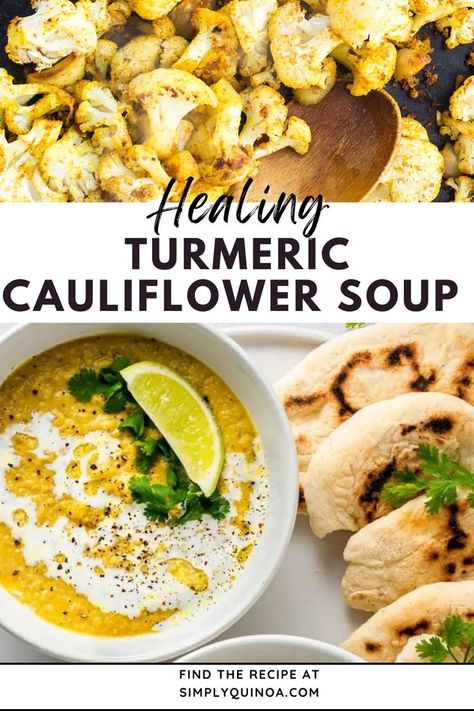 Try this healing Turmeric Cauliflower Soup. This homemade turmeric cauliflower soup is anti-inflammatory, gut healthy and so yummy. Packed with protein, this vegan soup is perfect for soup season! Great for a weeknight dinner and meal prep for the week. Cauliflower Soup Vegan, Gut Healing Soup, Turmeric Cauliflower, Healing Soup, Plant Based Soups, Best Meal Prep, Paleo Meal Plan, Simply Quinoa, Soup Vegan