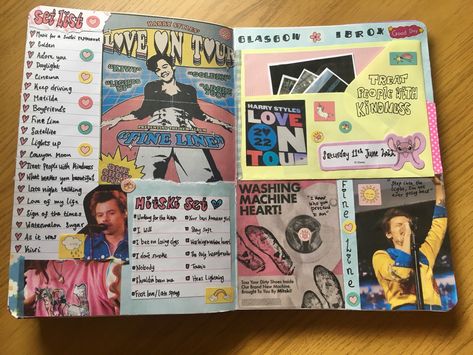 Love On Tour Scrapbook, Scrapbook Ideas Concert, Concert Book Ideas, Hslot Scrapbook, Concert Journal Ideas, Memorie Journal, Concert Journal Page, Harry Styles Scrapbook, Eras Tour Scrapbook