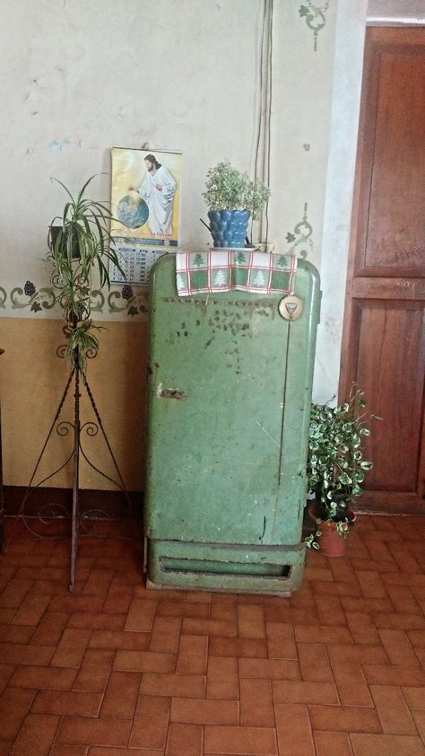 Vintage Fridge Aesthetic, Green Fridge, Sage Green House, Vintage Aesthetic Room, Green Appliances, Vintage Fridge, Beautiful Tiles, Sage Green Kitchen, Dark Castle