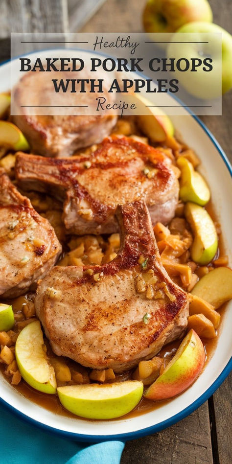 Savor the sweet and savory combo with these Healthy Baked Pork Chops with Apples! Lean, flavorful pork chops baked with apples for a nutritious and delicious meal the whole family will love. Pork Chop Recipes With Applesauce, Pork Chop Recipes Apple Cider Vinegar, Baked Pork Chops And Apples Recipe, Pork Chops Cabbage And Apples, Pork And Apples Recipes, Baked Pork Chops With Apples And Onions, Pork Chop With Apples Recipes, Pork Chop And Apple Recipes Crock Pot, Pork Chop Boneless Recipes