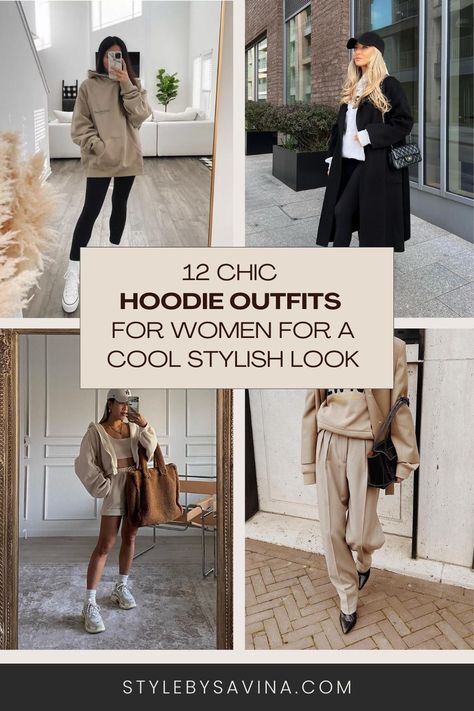 12 Chic Hoodie Outfits For Women For A Cool Stylish Look | Style by Savina Peacoat Hoodie Womens Outfit, White Hoodie Women Outfit, Woman Hoodie Outfit, Business Casual Hoodie Outfit, Hoodie Styling Ideas Women, Hoodie Cute Outfit, Hoodie Outfit For Work, Winter Hoodie Outfit Women, Hoodie Work Outfit Women