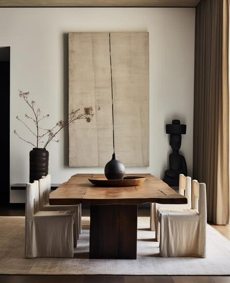 Transform your home into a serene sanctuary with my latest design inspiration🌿🤍 I’ve created these stunning images using artificial intelligence, showcasing how earthy colors and natural materials can bring timeless elegance to your space. Picture a light grey-beige textured sofa, a raw-edge wooden dining table, and large abstract canvases adding sophistication to your rooms. In the bedroom, a natural wood bed frame paired with light linen curtains creates a cozy retreat. Vintage ceramics a... Dark Wood Dining Table Decor, Natural Wood Bed Frame, Wabi Sabi Dining Table, Modern Wabi Sabi Interiors, Modern Rustic Dining Room, Wabi Sabi Dining Room, Textured Sofa, Natural Wood Bed, Dark Wood Dining Table