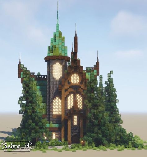 Green Roof Minecraft, Minecraft House Moss Roof, Moss Roof Minecraft, Minecraft Moss Roof, Blue Minecraft Builds, Minecraft Overgrown Builds, Minecraft Swamp Village, Minecraft Jungle Castle, Roof Minecraft