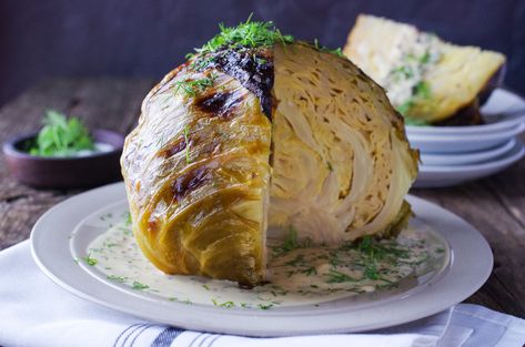 Roasted whole cabbage with mustard-dill sauce Baked Cabbage, Cabbage Head, Keto Side, Roasted Cabbage, Keto Side Dishes, Dinner Guest, Pork Dishes, Vegetarian Dinner, Holiday Cooking