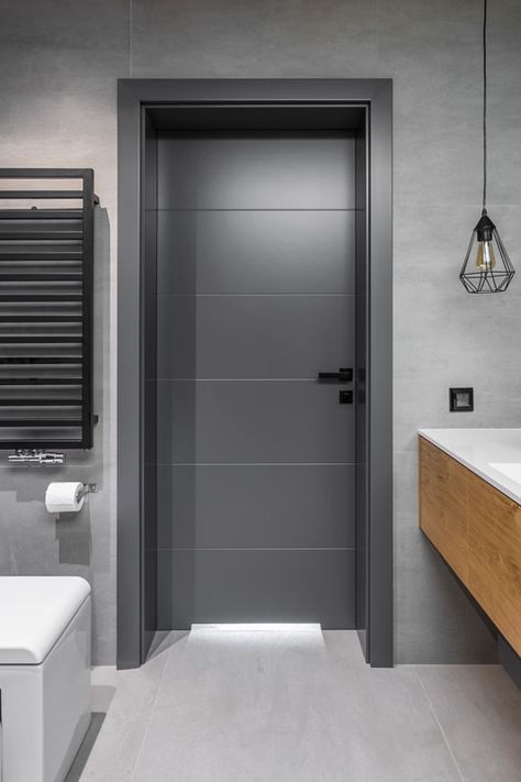 Should Interior Doors Be The Same Color As The Walls? Grey Color Door Design, Interior Doors Painted Gray, Dark Grey Doors Interior Modern, Color Of Bathroom Walls, Modern House Door Interiors, Best House Interior Paint Colors, Paint Colors Outside Exterior Houses, Modern Doors For Rooms, Modern Painted Interior Doors