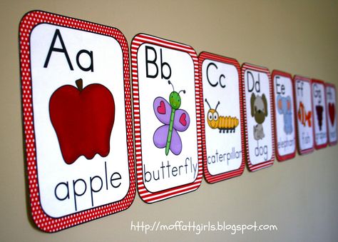 ABC Alphabet Cards! Alphabet Wall Decor Classroom, Alphabet Word Wall Cards, Phonics Wall, Red Classroom, Alphabet Word Wall, Alphabet Wall Cards, Learn Abc, Emergent Literacy, Abc Cards