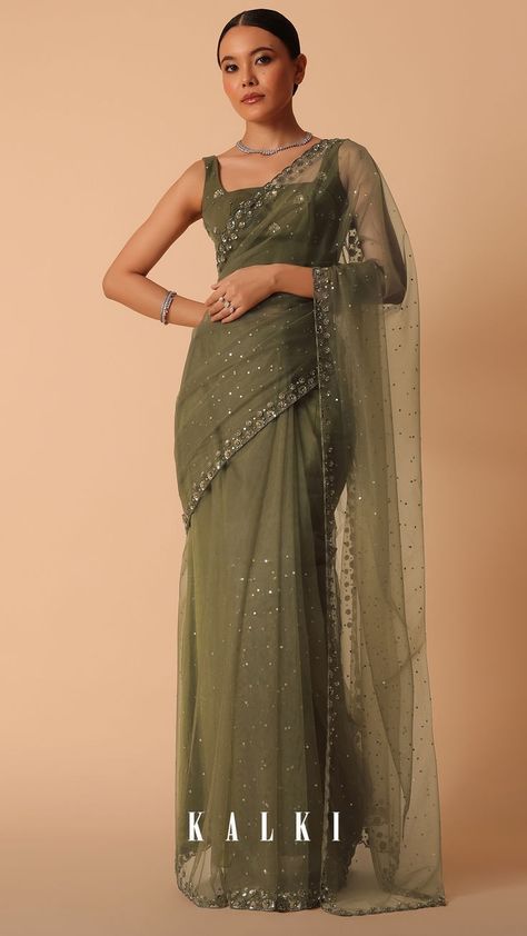 Sparkly Saree, Green Net Saree, Linen Style Fashion, Trendy Outfits Indian, Simple Saree Designs, Indian Sari Dress, Fashionable Saree Blouse Designs, Fancy Sarees Party Wear, Modern Saree