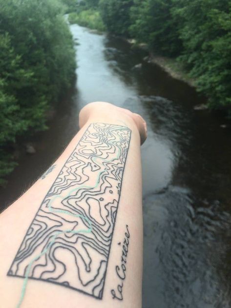 White Tail Antler Tattoo, Earth Science Tattoo, Topographic Tattoo, Topographic Map Tattoo, River Tattoo Ideas, Complex Tattoos, Climbing Tattoo, River Tattoo, Dainty Tattoo