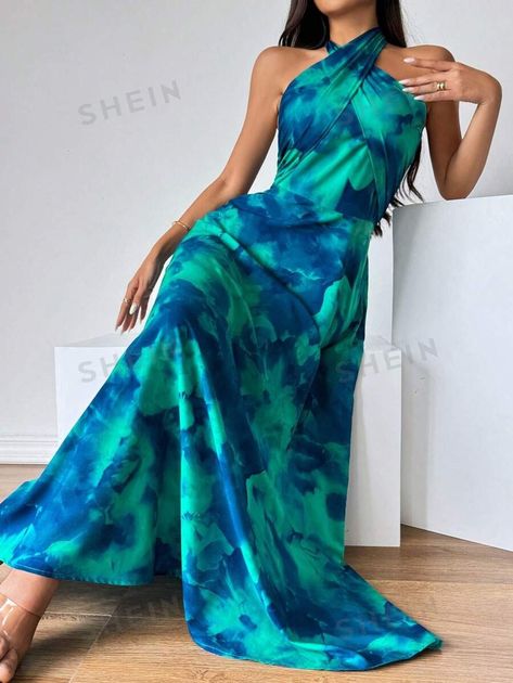 SHEIN Privé Women's Summer Elegant Romantic Vacation Daily Simple Grad Halter Neck Open Shoulder Multicolored Ombre Printed A-Line Long Summer Dress For Summer,Vacation, Dating, Parties,Camping,Engagement, Concerts,Wedding Season,Party, Music Festival,Dating ,Rave Festival,Graduation Season | SHEIN EUR Tie Dye Dress Outfit, Surf Shops, Clothes Design Ideas, Bahamas Trip, Bright Blue Dresses, Dress For Beach, Cocktail Dress Short, Mood Designer Fabrics, Flowy Midi Skirt