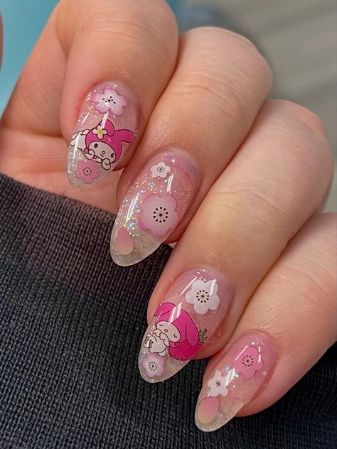 My Melody Nails Almond, Sanrio Manicure, Sanrio Almond Nails, Sanrio Short Nails, Little Twin Stars Nails, Mymelody Nails, My Melody Nail Art, Sanrio Acrylic Nails, Sanrio Nail Art