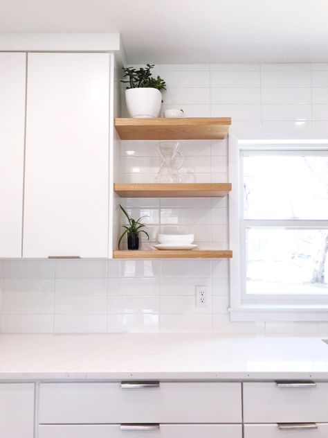 Floating Shelves Kitchen Next To Fridge, Side Of Cabinet Shelves, Open Shelf Next To Cabinet, Floating Shelves On One Side Of Range Hood, Range Hood With Floating Shelves On Each Side, Floating Shelves Next To Kitchen Window, Floating Shelves On Side Of Kitchen Cabinet, Small Kitchens With Floating Shelves, Open Shelving Beside Kitchen Window