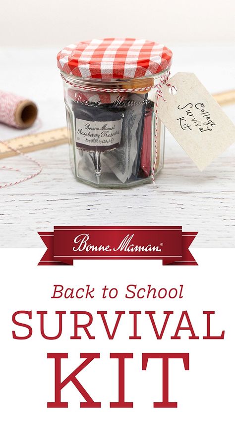 This DIY survival kit is the perfect gift for kids going away to college for the first time. They'll love these dorm room essentials, all packed in your upcycled Bonne Maman jars! Bonnie Maman Jars, Bonne Maman Jars Ideas, Upcycling Jars, Diy Survival, School Survival Kits, Mini Jars, School Survival, Dorm Room Essentials, Neat Ideas