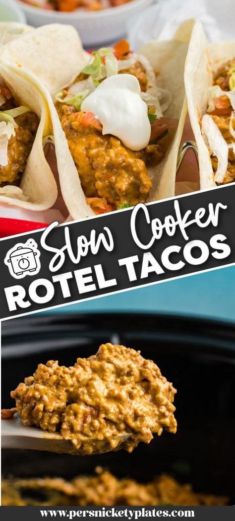 Slow cooker Rotel tacos are stuffed with a cheesy, beefy filling with plenty of Rotel tomatoes slow-cooked until warm and flavorful. This quick and easy meal is a fun twist on your traditional taco recipe! Taco Recipes Crockpot, Rotel Tacos Ground Beef, Taco Crockpot Recipes, Taco Crock Pot, Crock Pot Taco Meat, Rotel Tacos, Slow Cooker Taco Meat, Crockpot Tacos, Crockpot Taco Meat