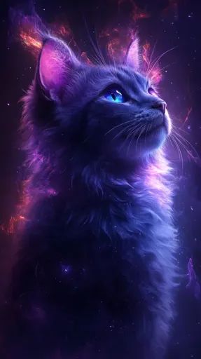 ↑↑↑ Larger size on website 🔸 The image depicts a cat with glowing blue fur against a dark background.  The cat's fur is illuminat Dark Setting, Violet Fire, Neon Violet, Mystical Cat, Galaxy Artwork, Bright Blue Eyes, Galaxy Cat, Magic Cat, Cat Motif