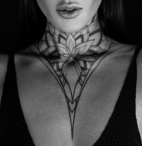 Light Neck Tattoos Women, Women's Neck Tattoo Design, Female Throat Tattoo Ideas Mandala, Neck Tattoos Women Mandala, Womans Throat Tattoo Design, Choker Tattoo Neck, Mandala Throat Tattoo For Women, Chest Women Tattoo, Traditional Throat Tattoos Women