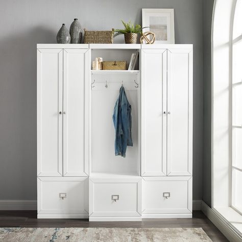 Latitude Run® Adelaja Hall Tree & Reviews | Wayfair Small Storage Baskets, White Hall Tree, White Pantry, Entryway Hall Tree, Mudroom Organization, Polished Nickel Hardware, Small Storage Basket, Removable Shelves, Pantry Closet