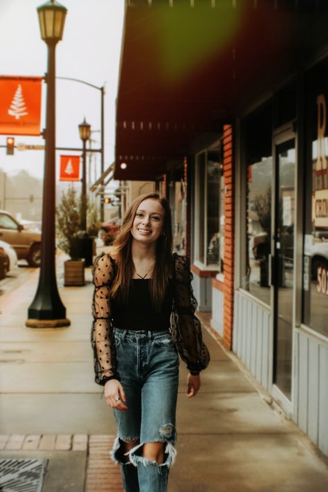 City Senior Photoshoot Ideas, Down Town Photoshoot, Main Street Photo Shoot, Town Senior Pictures, Downtown Photoshoot Women, Street Senior Pictures, Photography Poses Downtown, Small Downtown Photoshoot, Main Street Senior Pictures