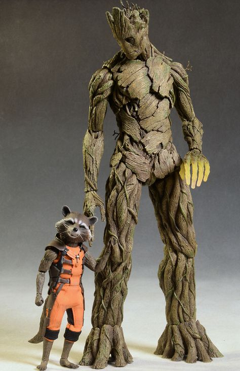 Rocket, Groot 1/6th action figures by Hot Toys Groot Action Figures, Groot Tattoo, Rocket Groot, Groot Dancing, Groot Guardians, Marvel Statues, Michael Crawford, Groot Marvel, Marvel Background