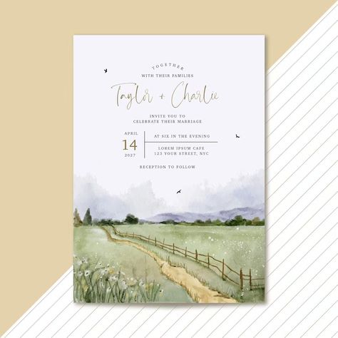 Free Vector | Wedding invitation with beautiful field landscape watercolor Free Printable Wedding Invitation Templates, Invitation Poster, Beautiful Field, Field Landscape, Invitation Flyer, Bird Watercolor, Floral Wreath Watercolor, Watercolor Poster, Landscape Watercolor