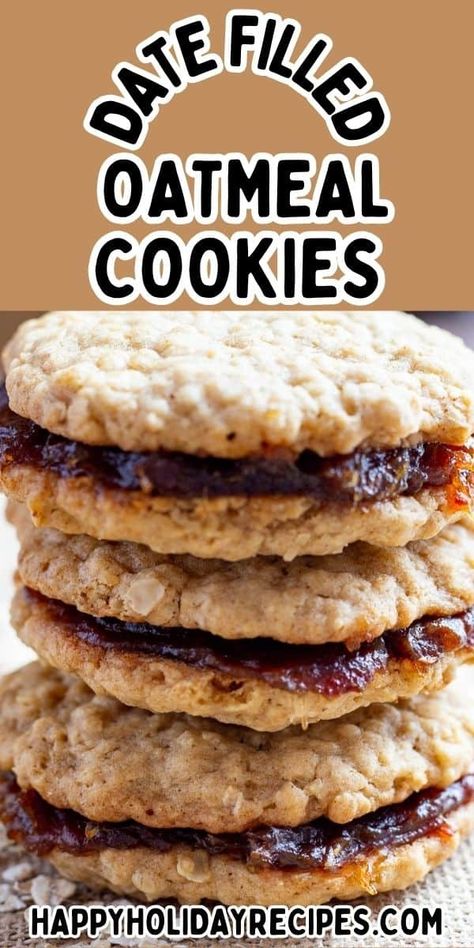 Close up image of Date Filled Oatmeal Cookies. Oatmeal Date Filled Cookies, Date Filled Oatmeal Cookies Recipes, Date Filled Oatmeal Cookies, Date Filled Cookies Recipes, Oatmeal Date Cookies, Date Filled Cookies, Dates Cookies, Date Filling, Basic Cookie Recipe